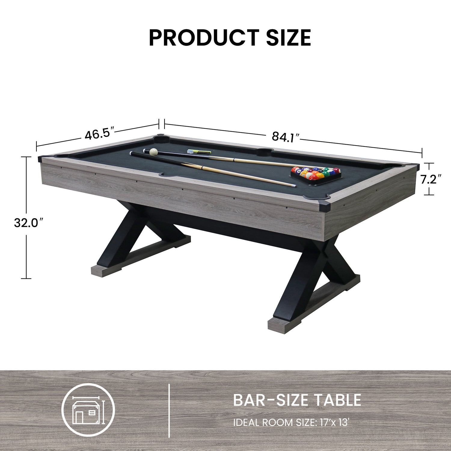 84&quot; Pool Table with Billiard Balls, Cues, Pool Cue Chalk, Cleaning Brush, X-Legs, Black Cloth, Rustic Grey,84.1&quot;L x 46.5&quot;W x 32&quot;H