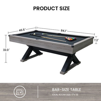 84&quot; Pool Table with Billiard Balls, Cues, Pool Cue Chalk, Cleaning Brush, X-Legs, Black Cloth, Rustic Grey,84.1&quot;L x 46.5&quot;W x 32&quot;H