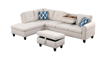 Alger - Wide Left Hand Facing Sofa &amp; Chaise With Ottoman - Beige