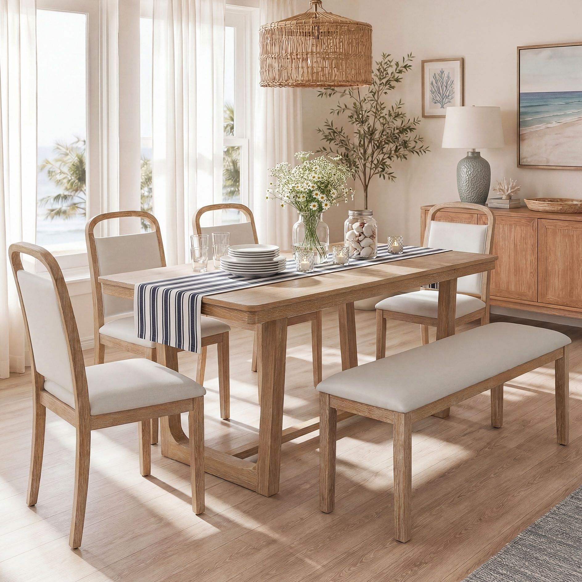 Farmhouse Dining Set With 4 Upholstered Chairs &amp; 1 Bench