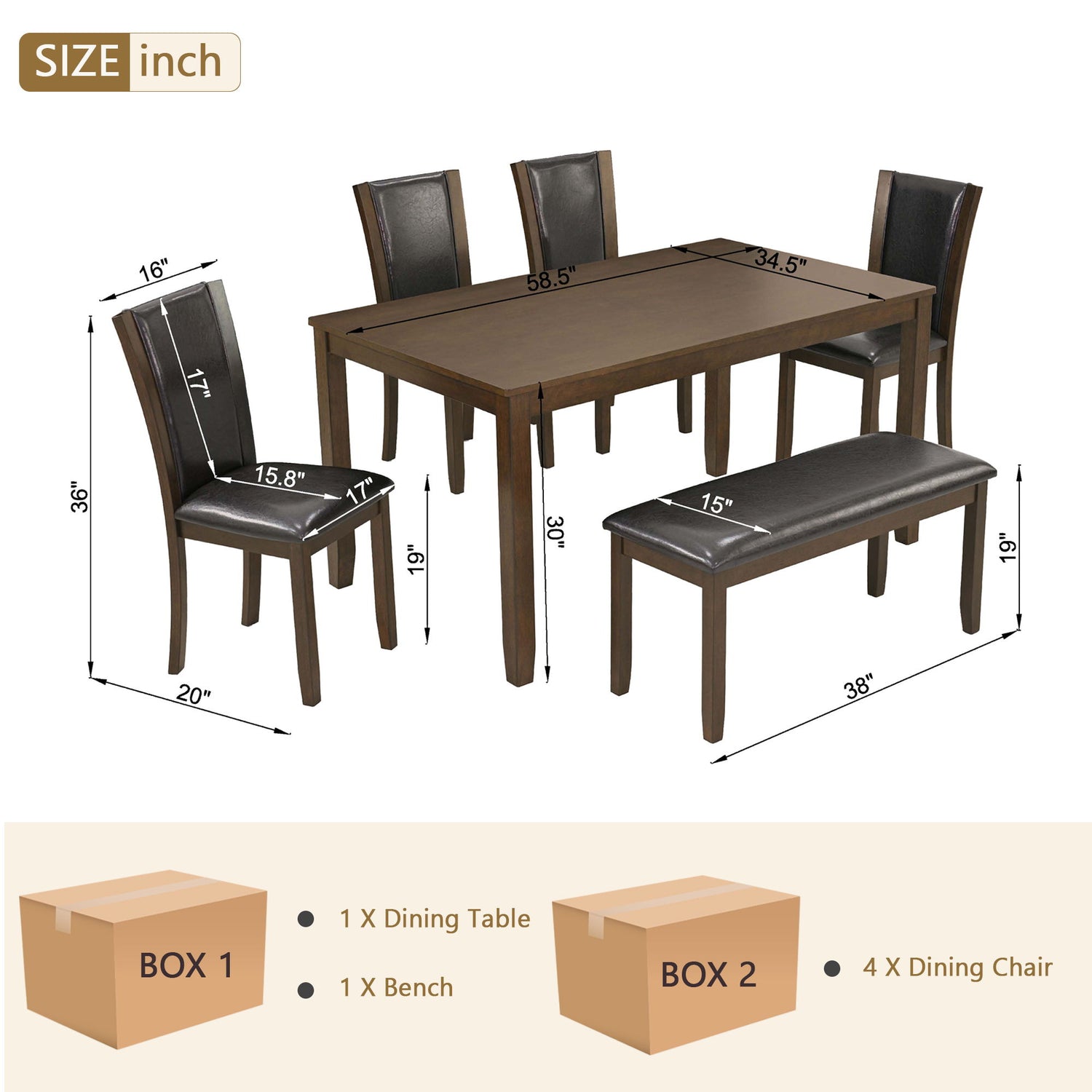 6 Piece Dining Table Set &amp; Bench And Chairs For Dining Room - Dark Walnut