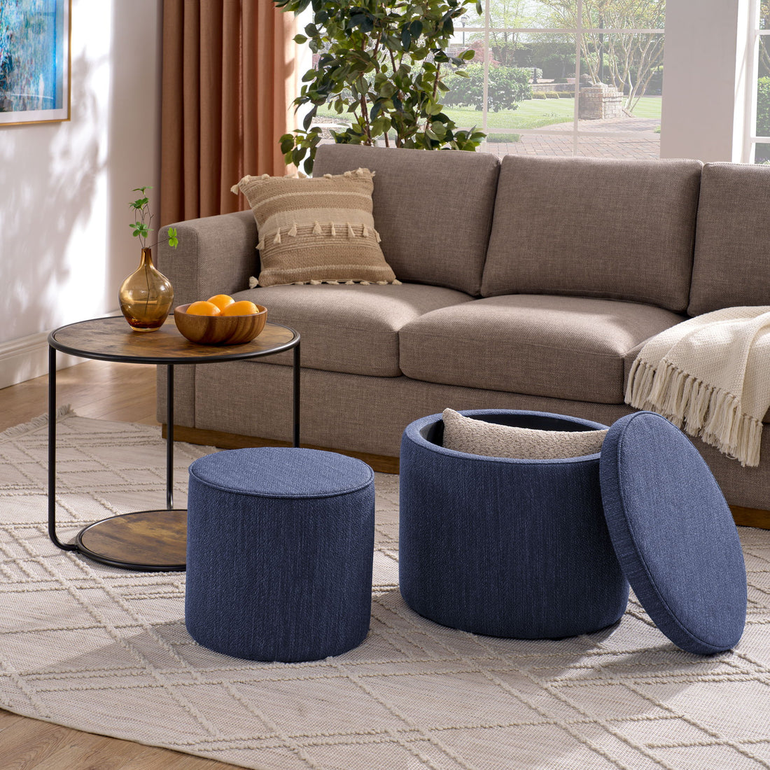 Multi Functional Ottoman And Table Set With Drum Stool Storage Space - Dark Blue
