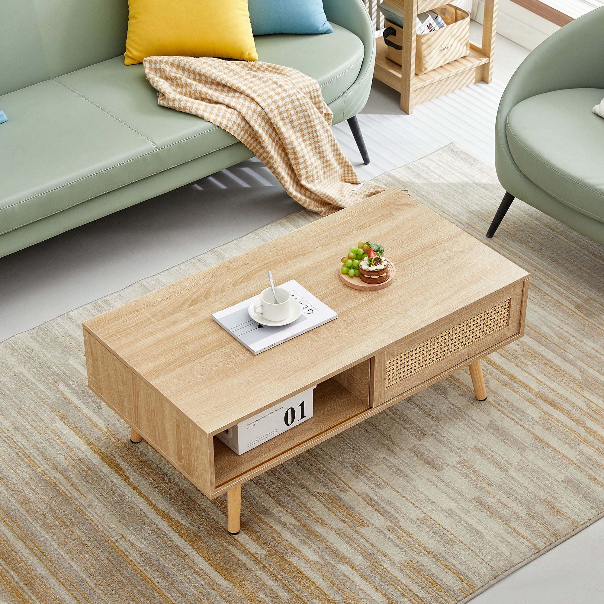 41.34&quot; Rattan Coffee Table, Sliding Door For Storage, Solid Wood Legs, Modern Table For Living Room