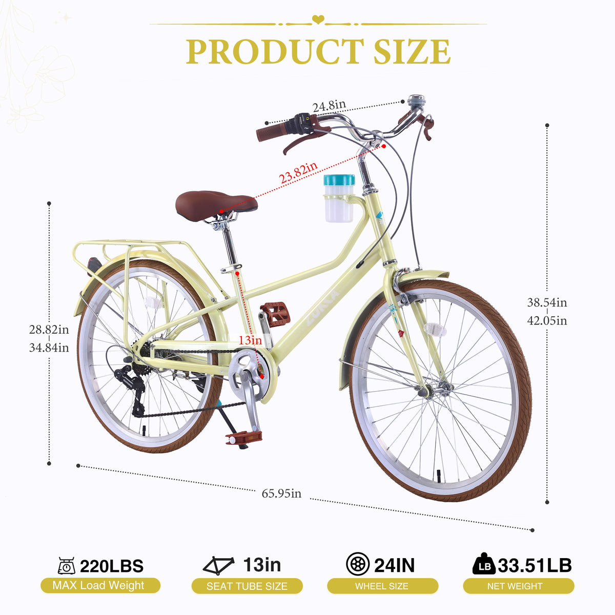 24" Cruiser Bike With 6 Speed Gear System, Rear Rack &amp; Cup Holder