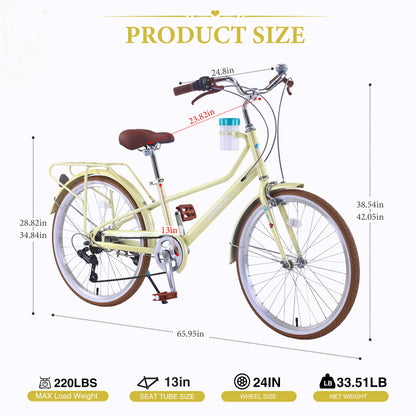 24" Cruiser Bike With 6 Speed Gear System, Rear Rack &amp; Cup Holder