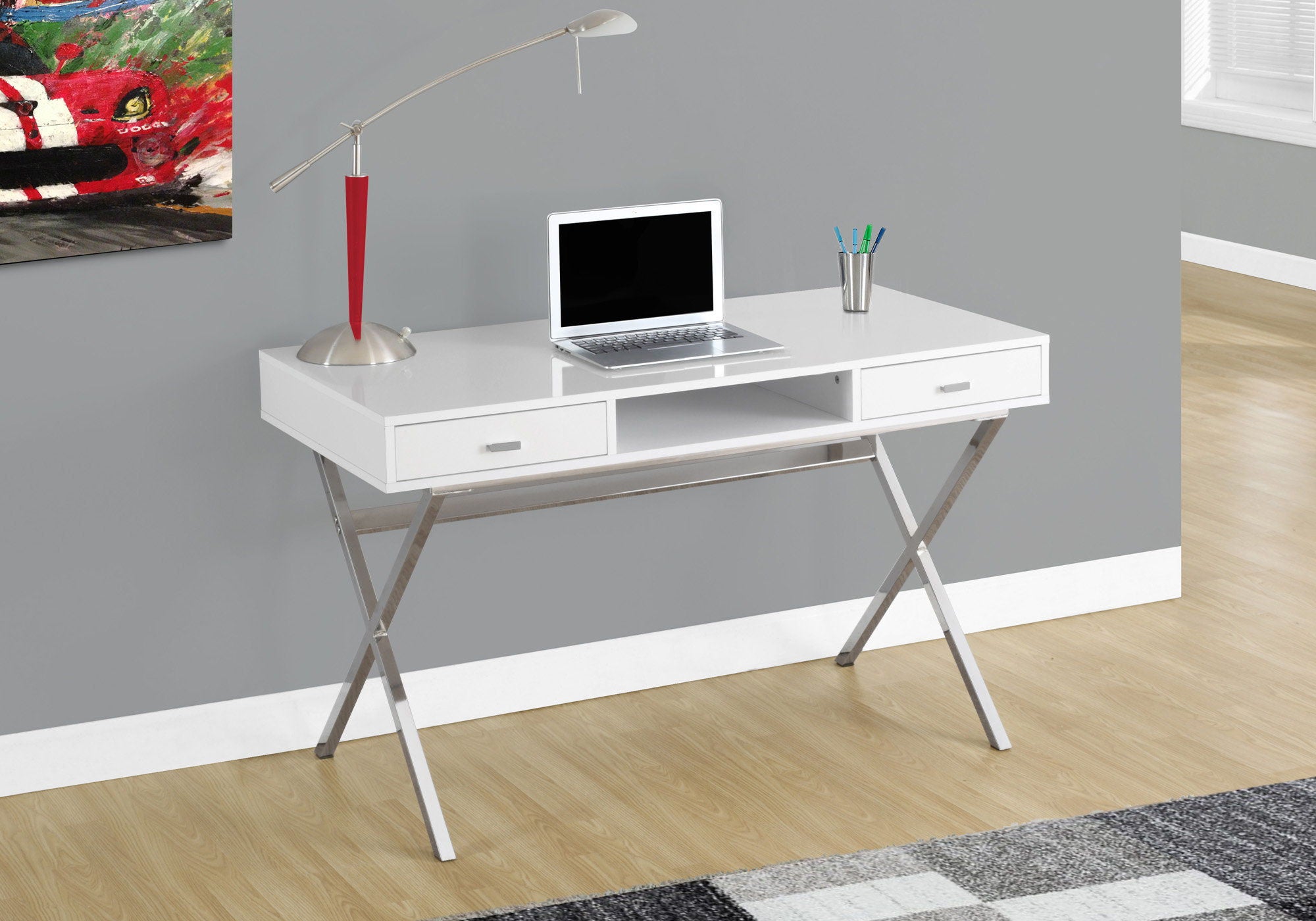 Computer Desk For Home Office, Laptop, Storage Drawers, Glossy Contemporary &amp; Modern