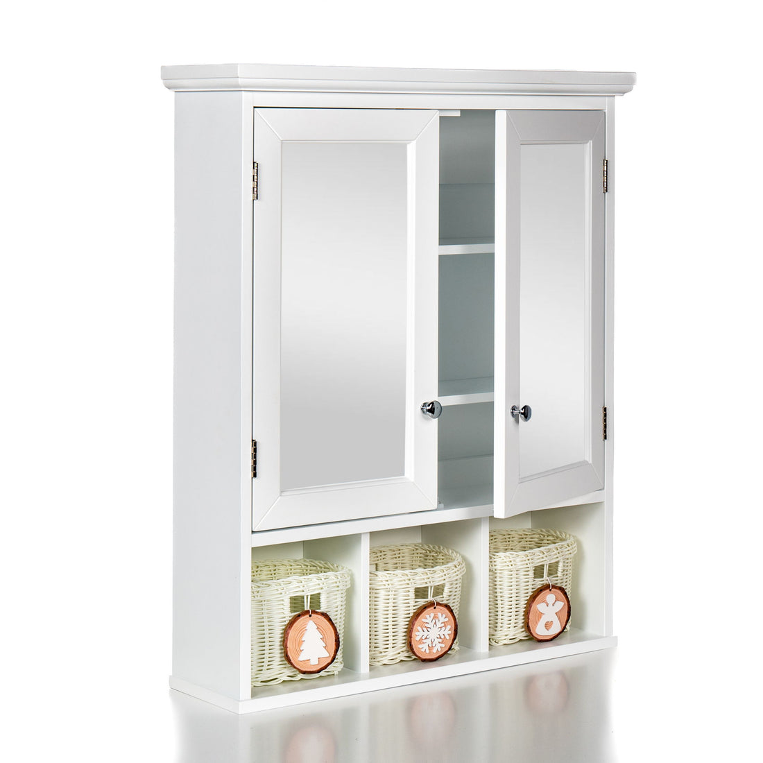 Bathroom Storage Cabinet, Medicine Cabinets For Bathroom With Mirror, 2 Doors 2 Adjustable Shelf &amp; 3 Christmas Style Storage Basket - White