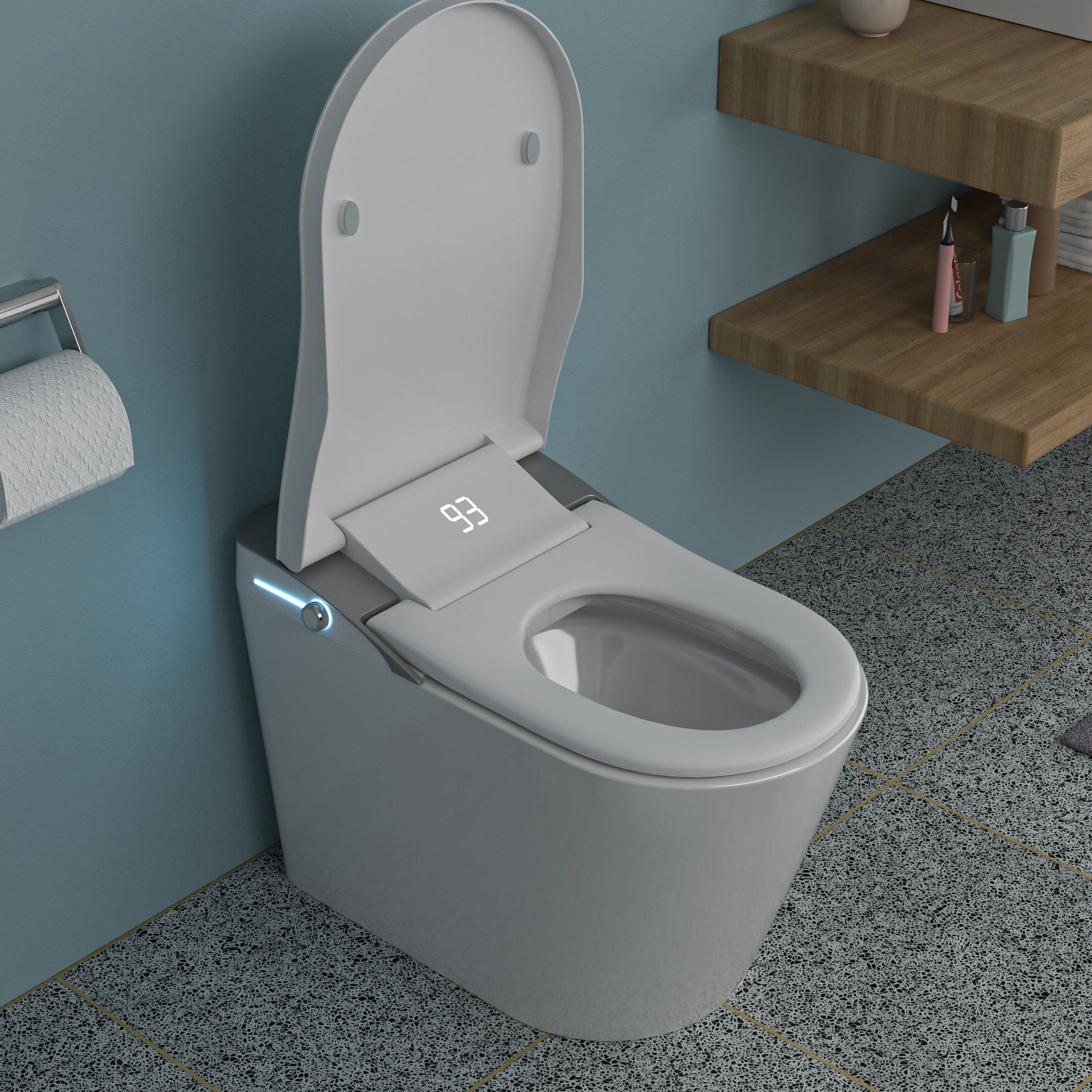 Smart Bidet Toilet Combo With Auto Open &amp; Close, Heated Seat, Foot Sensor Flush, LED Display, Ceramic - White