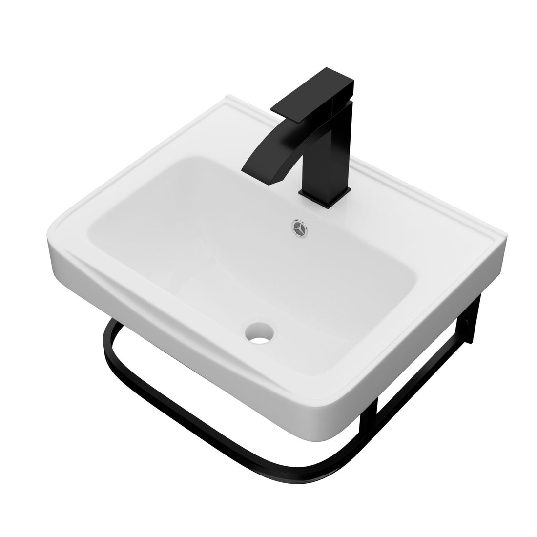 Wall Mounted Bathroom Sink With Towel Bar &amp; Overflow - White / Black