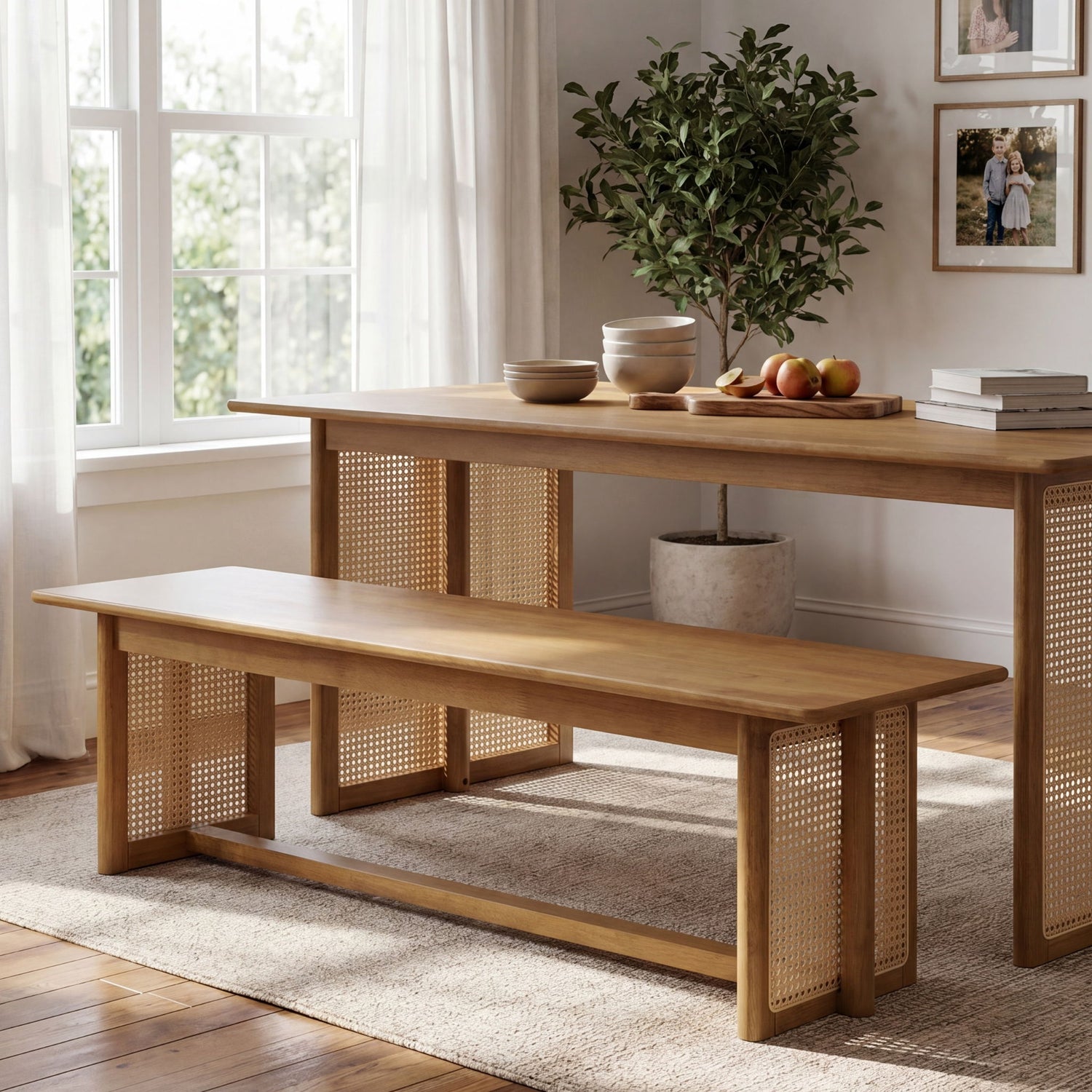 Dining Bench With Rattan Weave