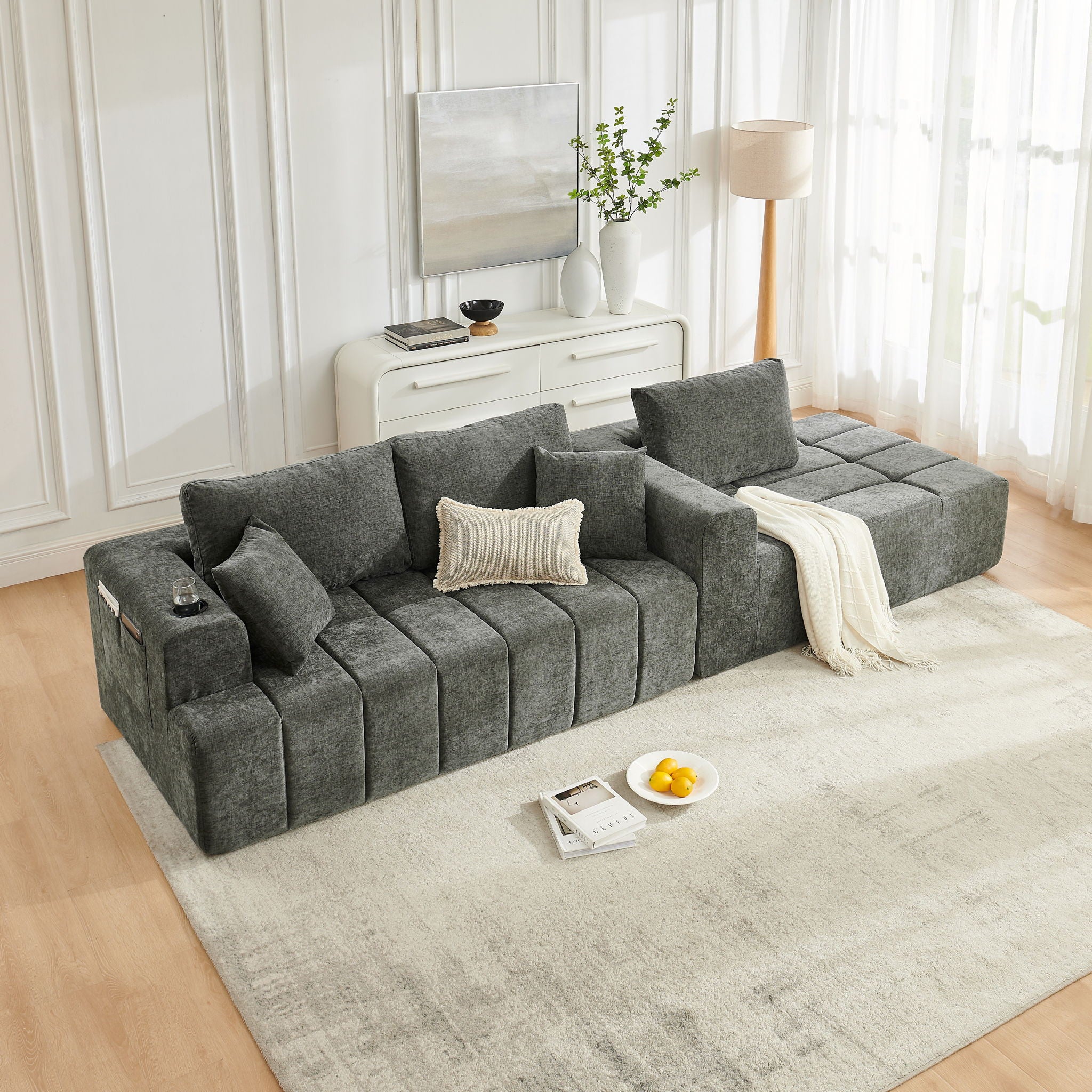 L - Shaped Sectional Sofa With Cup Holders &amp; Side Pockets