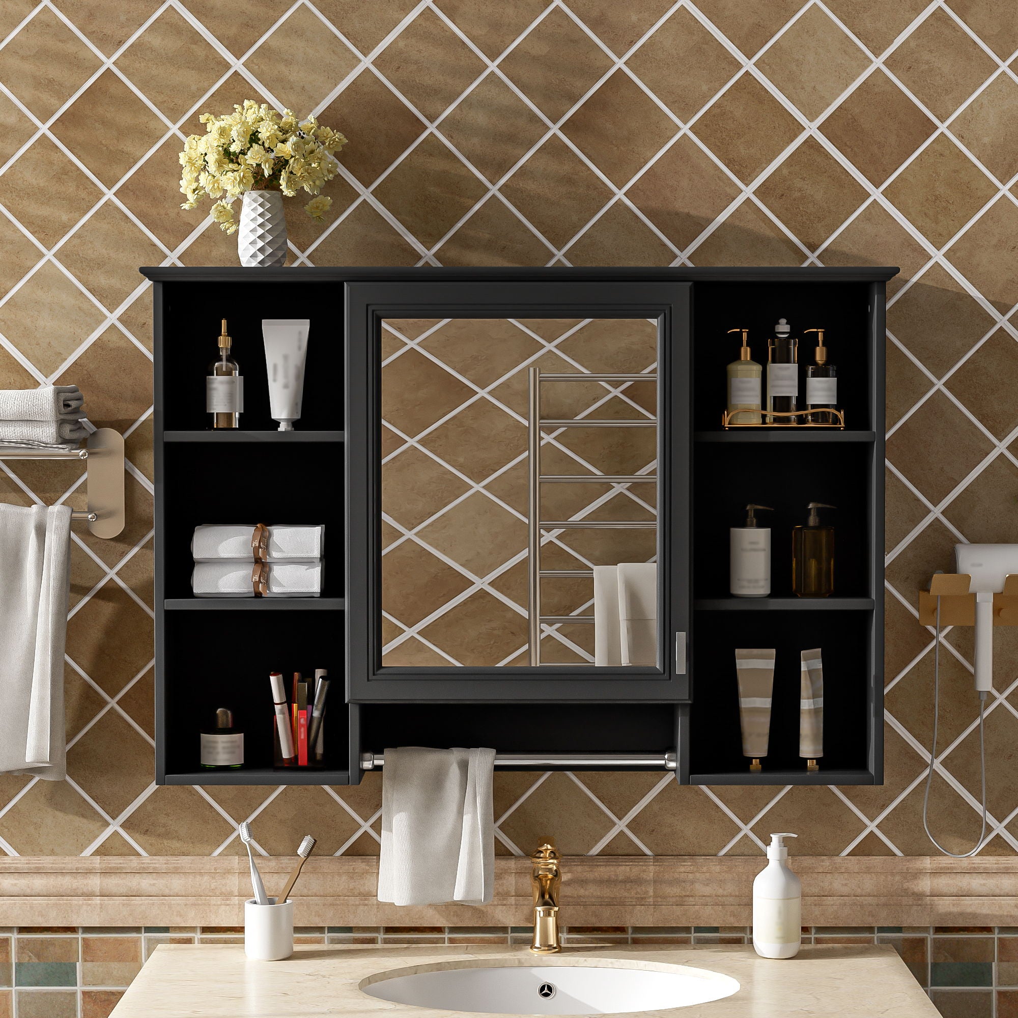 3 In 1 Modern Bathroom Mirror Cabinet With Adjustable Shelf, Soft Close Door, High Definition Mirror &amp; Towel Bar