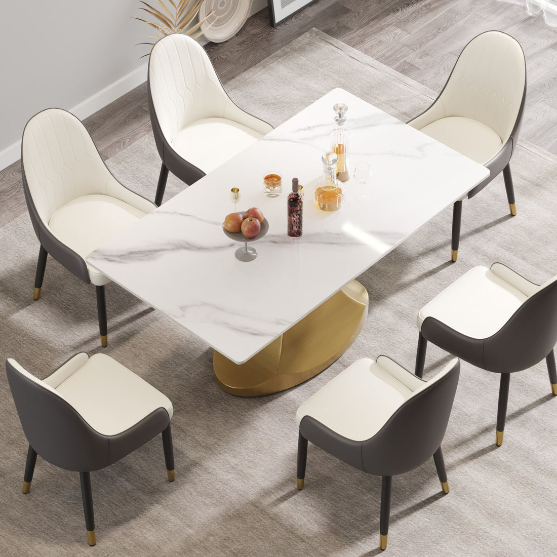 63&quot; Modern Artificial Stone Panel Golden Stainless Steel Curved Legs, Can Accommodate 6-8 People - White / Gold