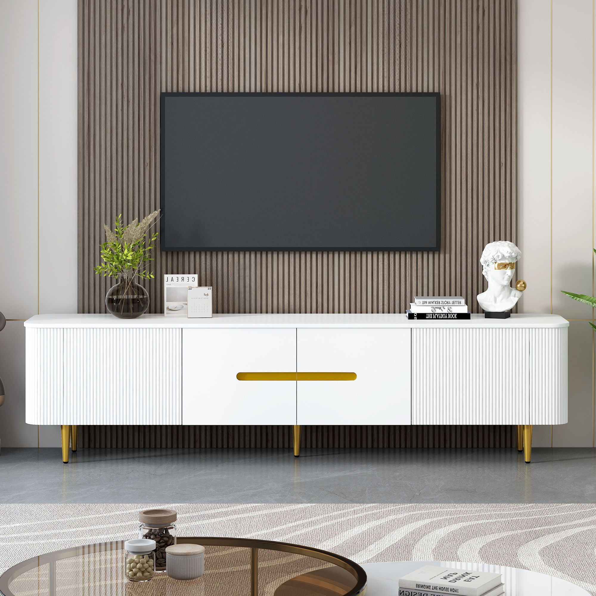 Minimalist TV Stand For TVs Up To 85&quot;, Modern Entertainment Center Media Console With 4 Spacious Cabinets For Living Room