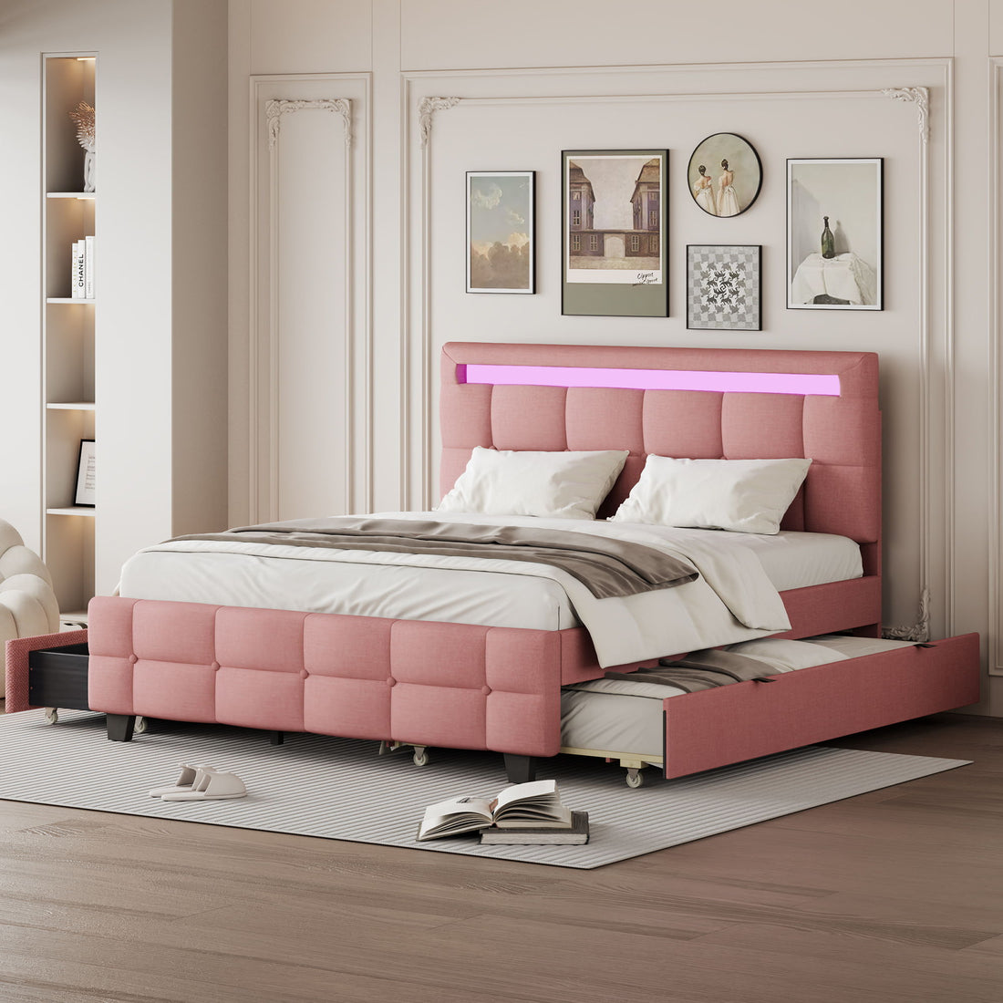 Upholstered Platform Bed With LED Frame, With Trundle And 2 Drawers