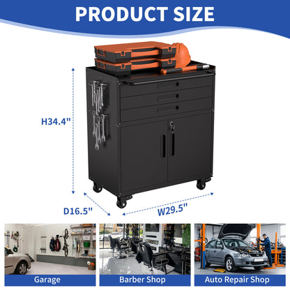 Rolling Tool Cabinet Heavy Duty Garage Storage With Lockable Doors &amp; Drawers
