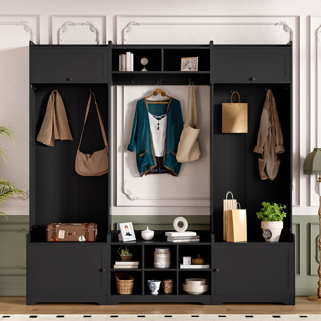Wide Hall Tree With Shoe Storage, 4 In 1 Entryway Bench With 8 Cubbies, 7 Coat Hooks &amp; Adjustable Shelf For Hallway - Black