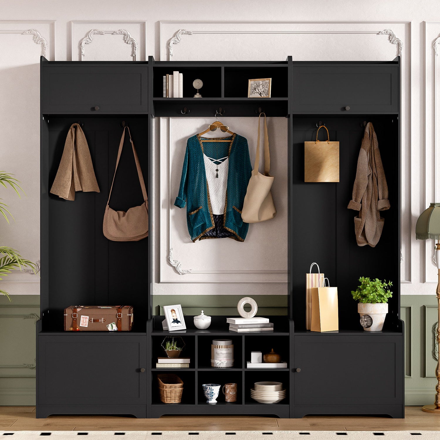 Wide Hall Tree With Shoe Storage, 4 In 1 Entryway Bench With 8 Cubbies, 7 Coat Hooks &amp; Adjustable Shelf For Hallway - Black