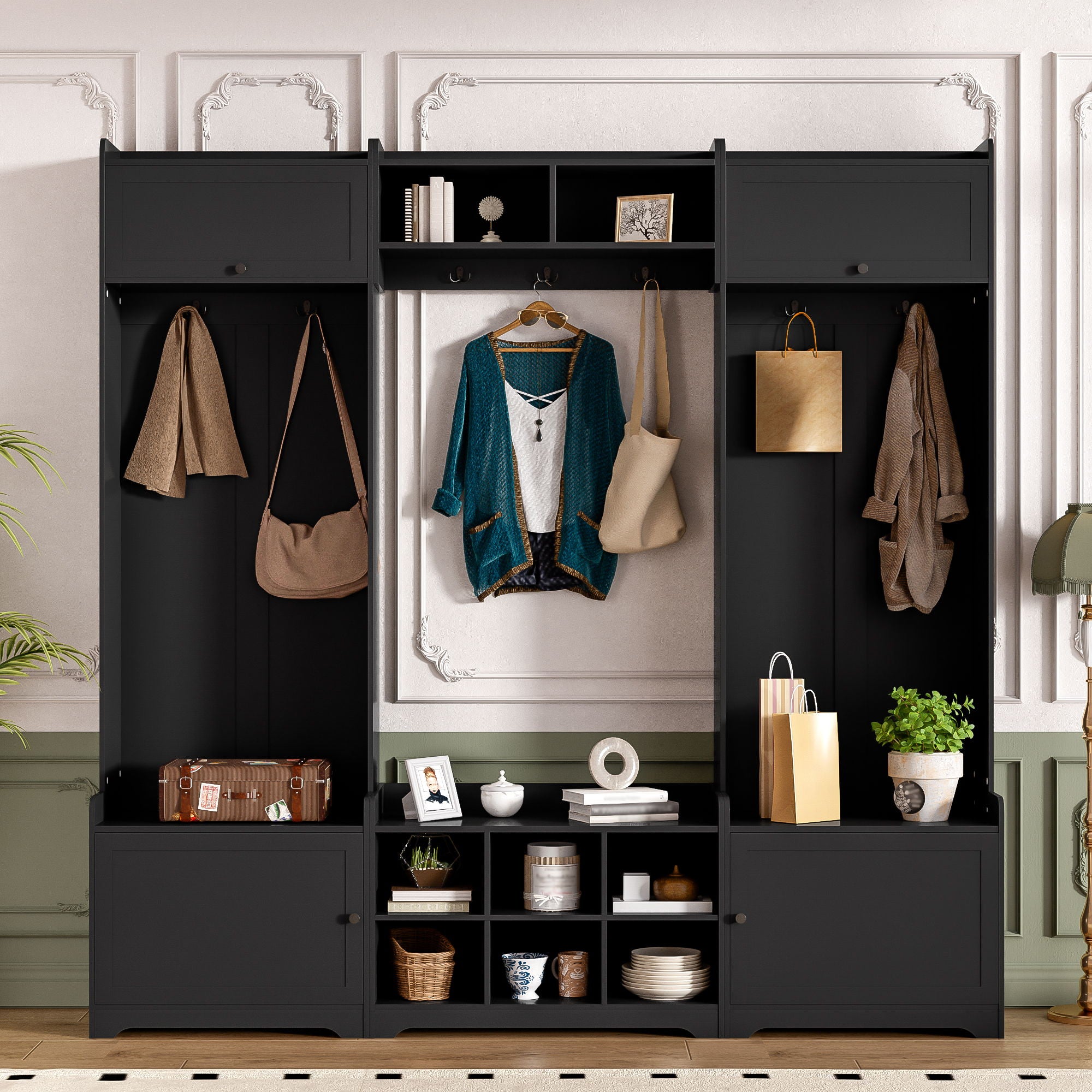 Wide Hall Tree With Shoe Storage, 4 In 1 Entryway Bench With 8 Cubbies, 7 Coat Hooks &amp; Adjustable Shelf For Hallway - Black