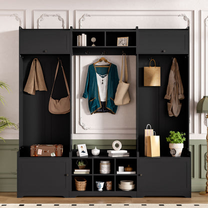 Wide Hall Tree With Shoe Storage, 4 In 1 Entryway Bench With 8 Cubbies, 7 Coat Hooks &amp; Adjustable Shelf For Hallway - Black