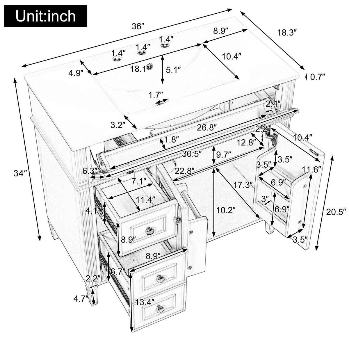 Bathroom Vanity With Sink, 3 Drawers &amp; 2 Soft-Close Doors