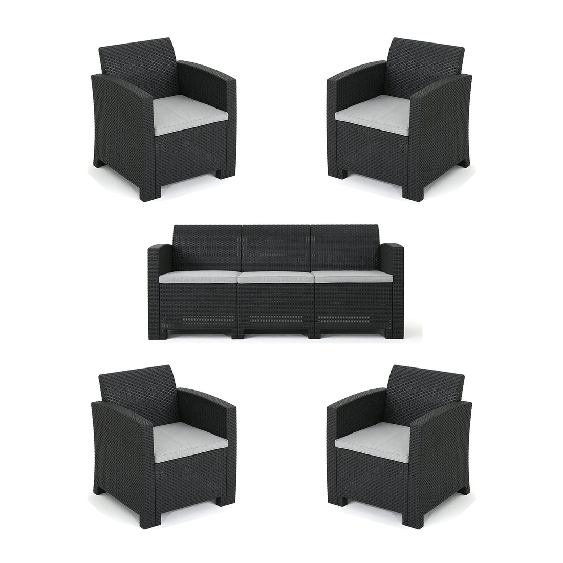 Outdoor Faux Wicker Rattan Style Chat Set With Water Resistant Cushions, 5 Pieces Set - Charcoal / Light Gray