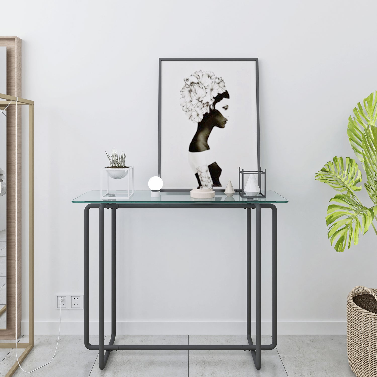 Console Table Single Layer Tempered Glass Rectangular Porch Table Black Leg Double Tempered Glass Tea Table