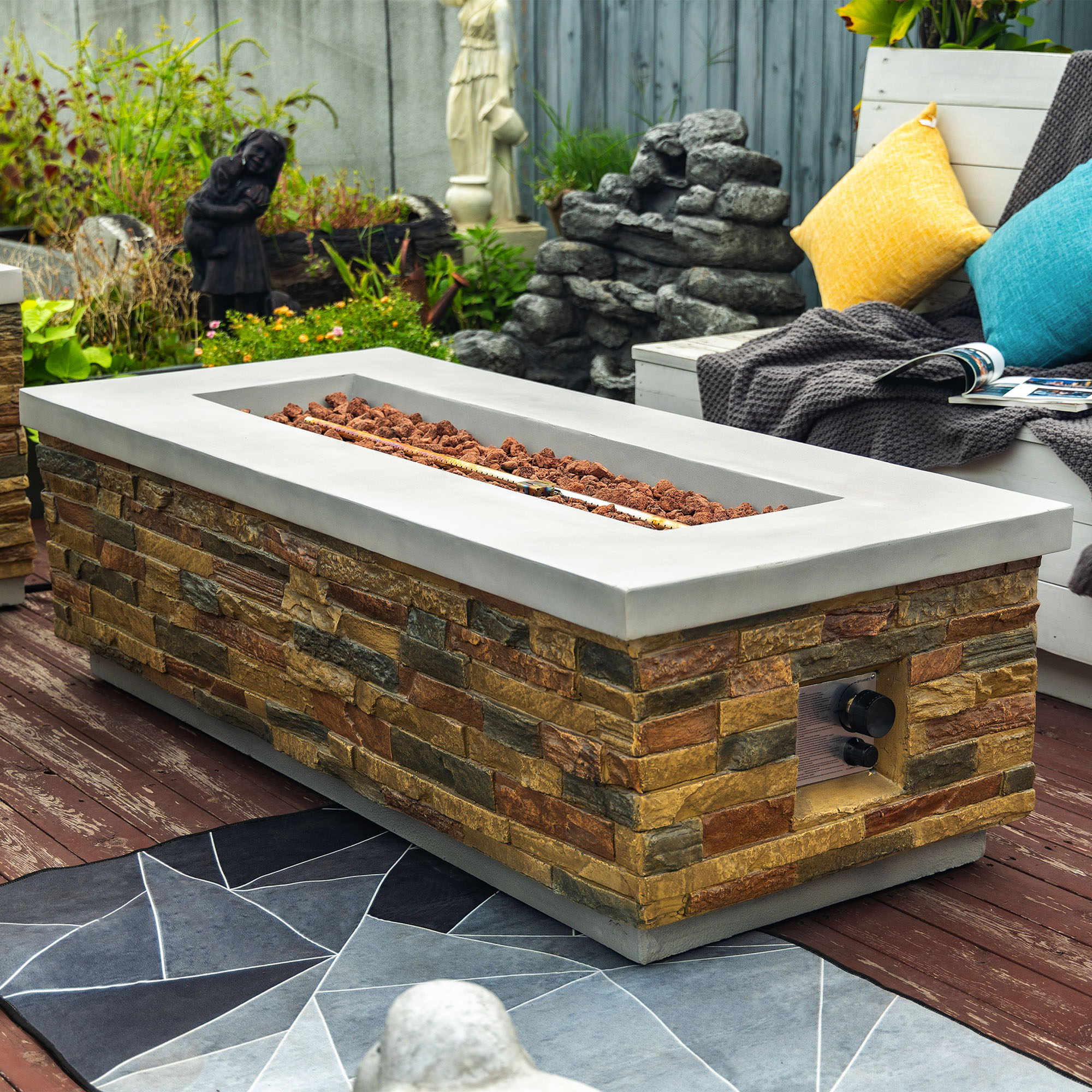 60&quot; Propane Gas Fire Pit Table, 60000 Btu Rectangular Concrete Fire Pit For Outside Patio Deck Garden Backyard - Sandstone