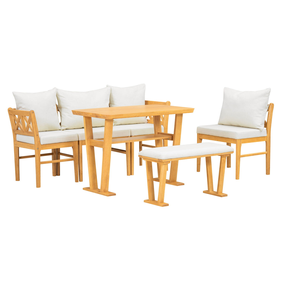 Farmhouse Solid Wood Dining Nook Set For 6, Space Saving High Top Corner Table With Bench &amp; Chairs - Natural / White