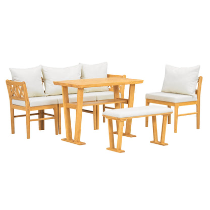 Farmhouse Solid Wood Dining Nook Set For 6, Space Saving High Top Corner Table With Bench &amp; Chairs - Natural / White