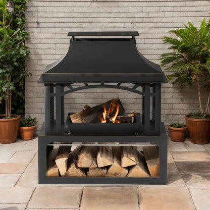 40&quot; Wood Burning Fireplace, 50000 Btu Steel Fire Pit, Wood Burning Chimney For Outside Patio Deck Garden Backyard - Black