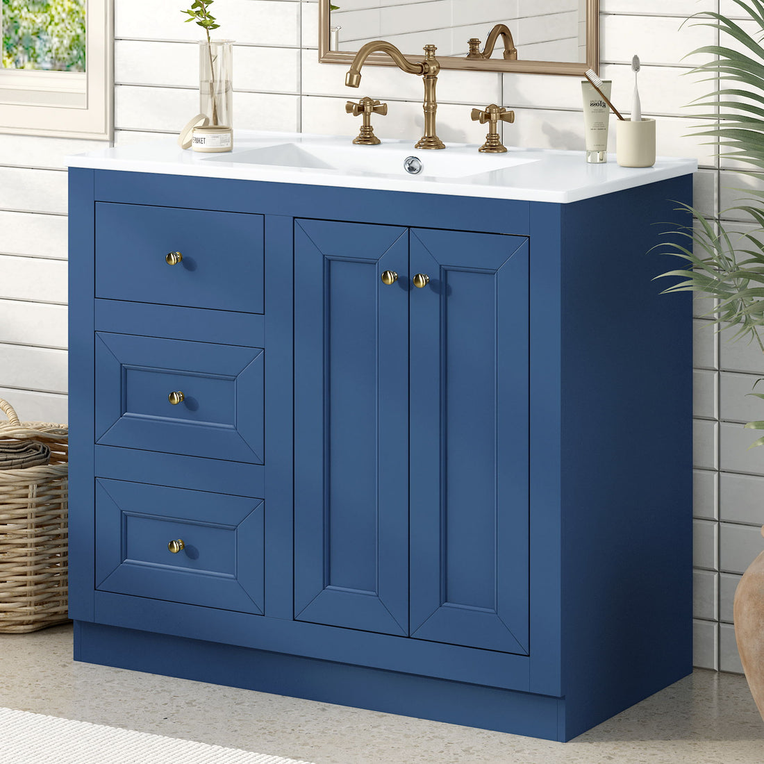 Bathroom Vanity With Ceramic Sink, Bathroom Storage Cabinet With 2 Drawers &amp; Shelf, Freestanding Bathroom Cabinet - Blue