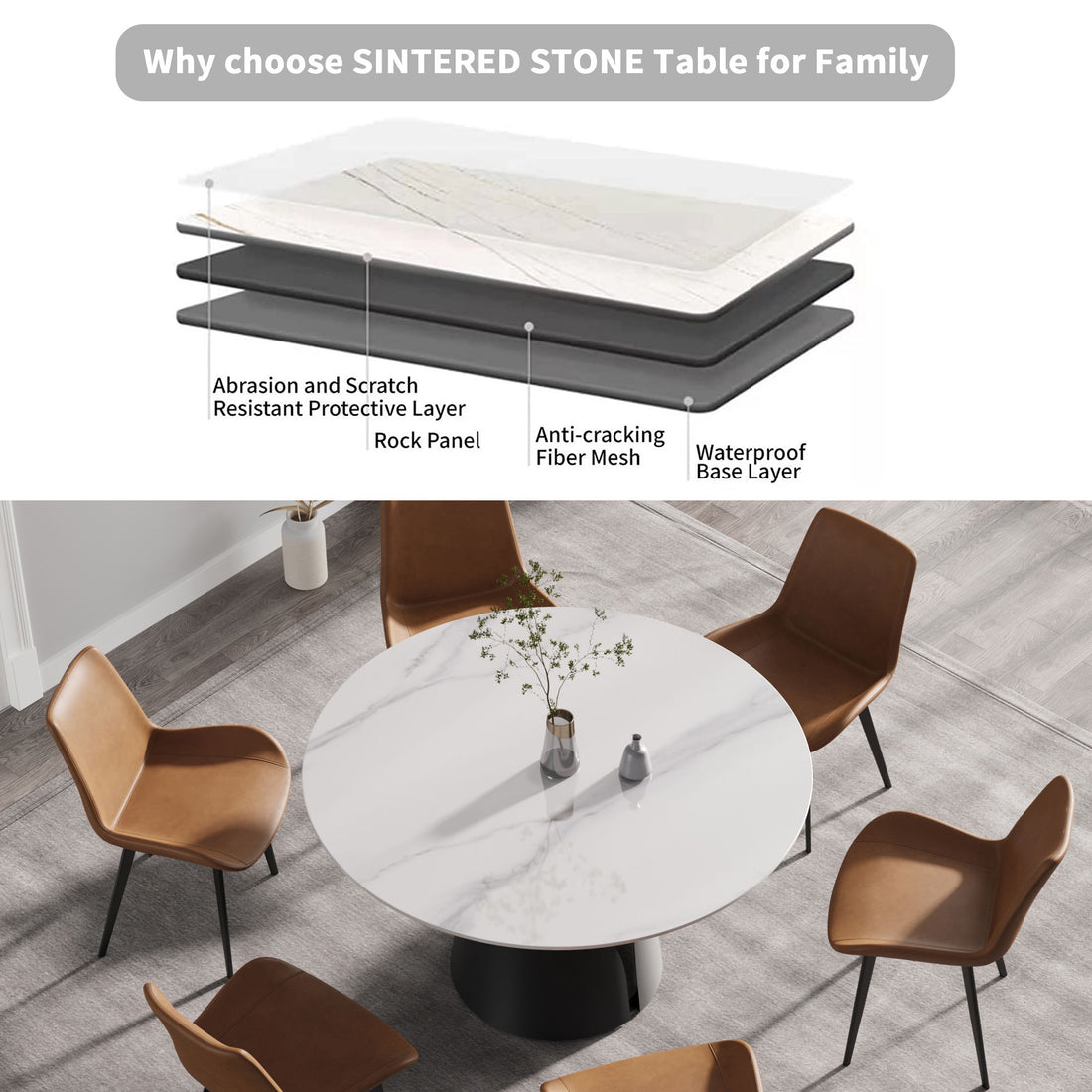 53.15&quot; Modern Artificial Stone Round Carbon Steel Base Dining Table, Can Accommodate 6 People - White / Black