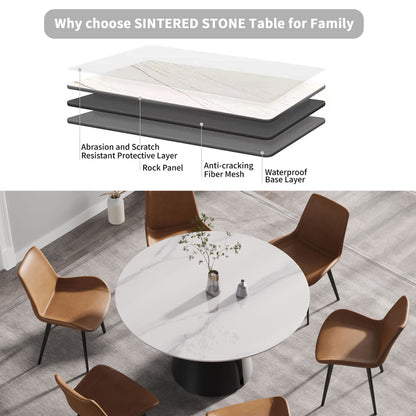 53.15&quot; Modern Artificial Stone Round Carbon Steel Base Dining Table, Can Accommodate 6 People - White / Black