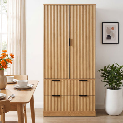 Fluted Kitchen Pantry Cabinet With 2 Large Drawers &amp; 8 Door Spice Rack Freestanding Storage Organizer - Oak