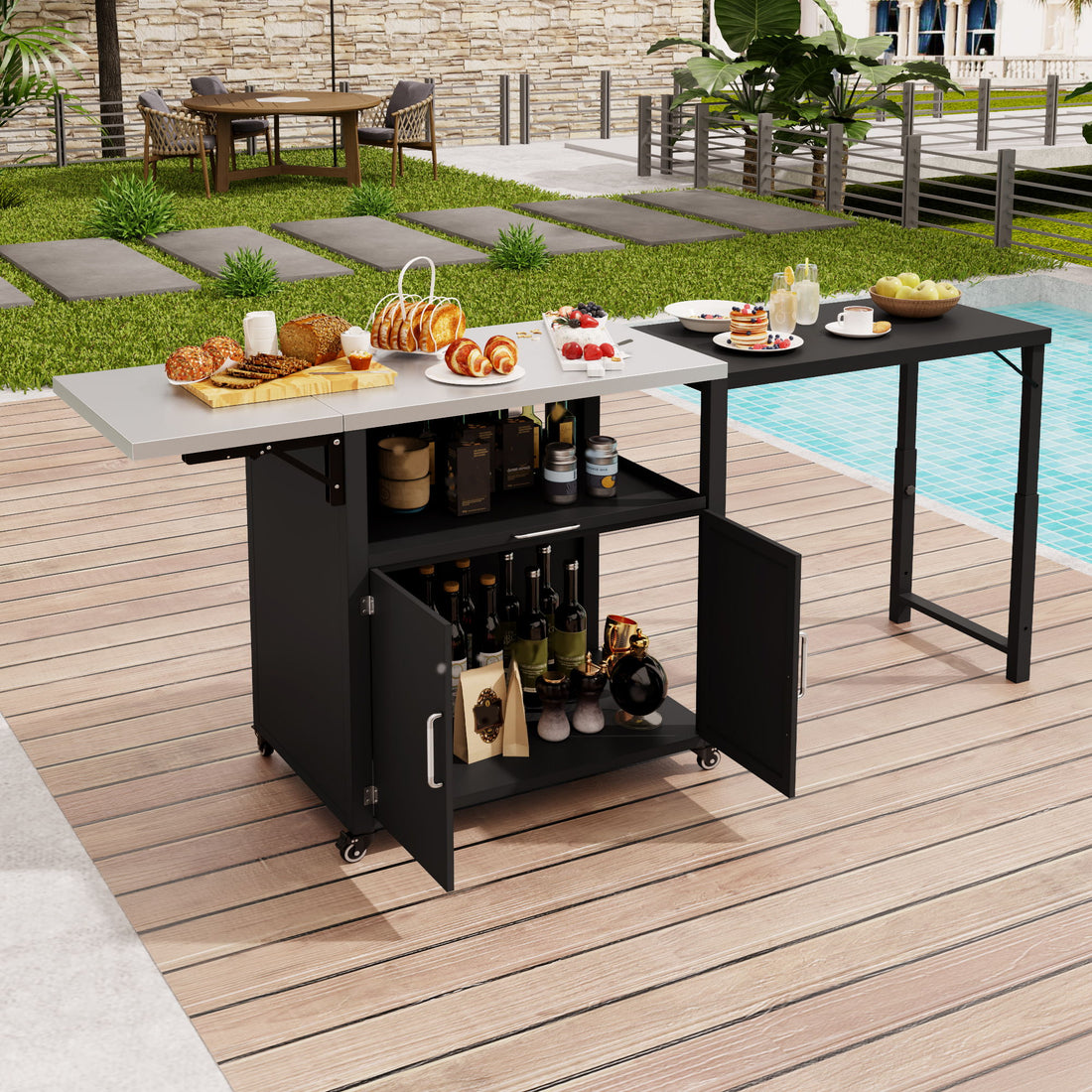 Versatile Outdoor Cabinet With Folding &amp; Expandable Work Surfaces, Ample Storage Space, And Lockable Wheels - Matte Black