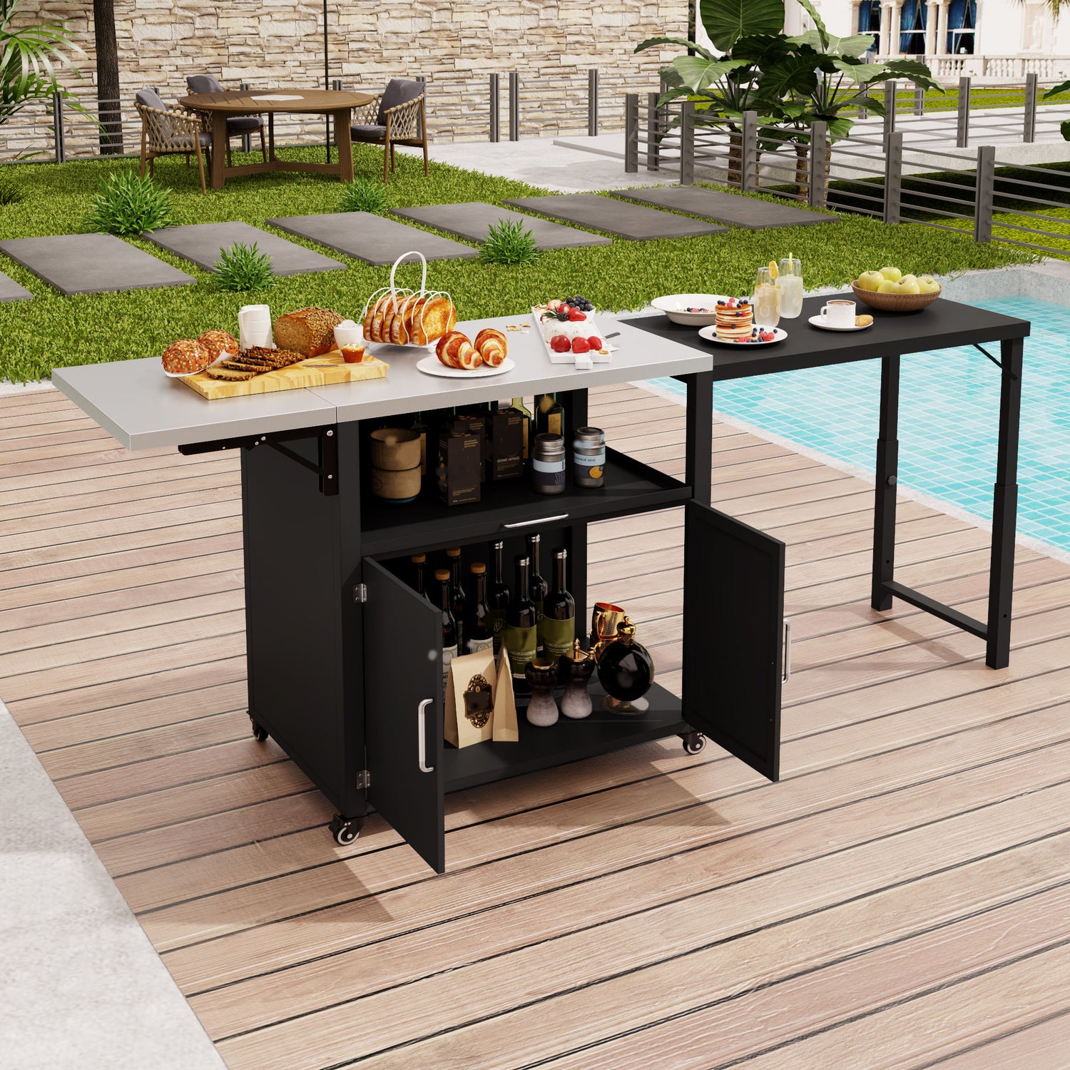 Versatile Outdoor Cabinet With Folding &amp; Expandable Work Surfaces, Ample Storage Space, And Lockable Wheels - Matte Black