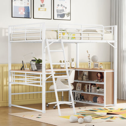 Loft Bed &amp; 3 Layers Of Shelves And L-Shaped Desk