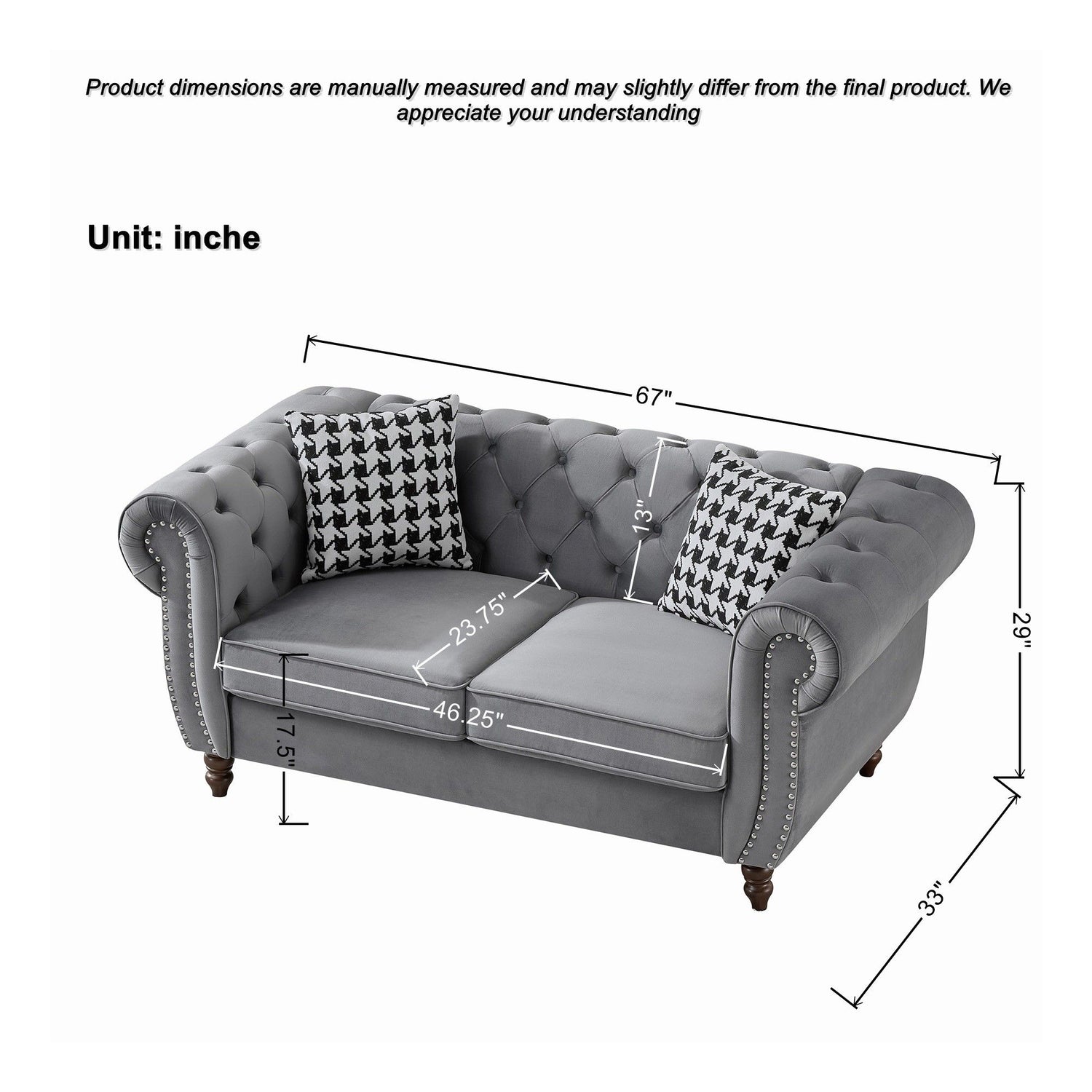 Chesterfield 3 And 2 Seater Velvet Upholstery Sofa With Roll Armrest &amp; Nailhead Fabric Couch
