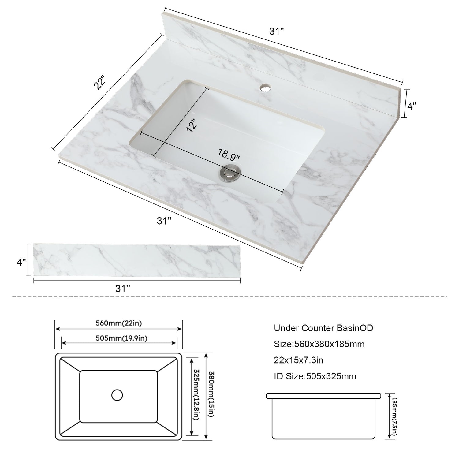 Elegant Bathroom Vanity Top With Rectangular Ceramic Sink And Backsplash