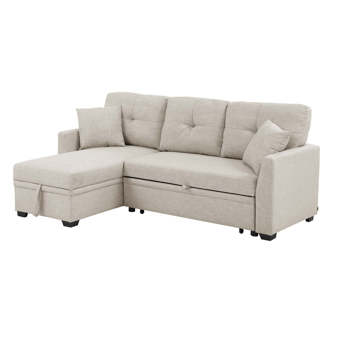 Upholstered Sectional &amp; Pull Out Bed And Chaise Storage - Almond