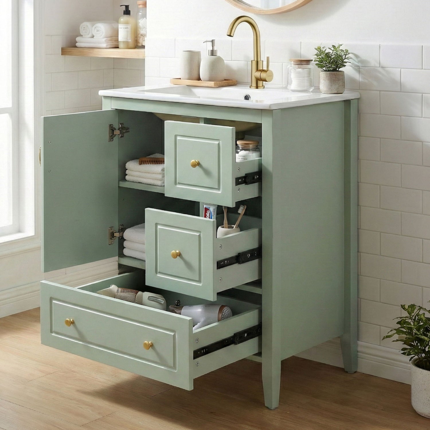Retro Bathroom Vanity With Sink, Soft Closing Cabinet &amp; Drawers