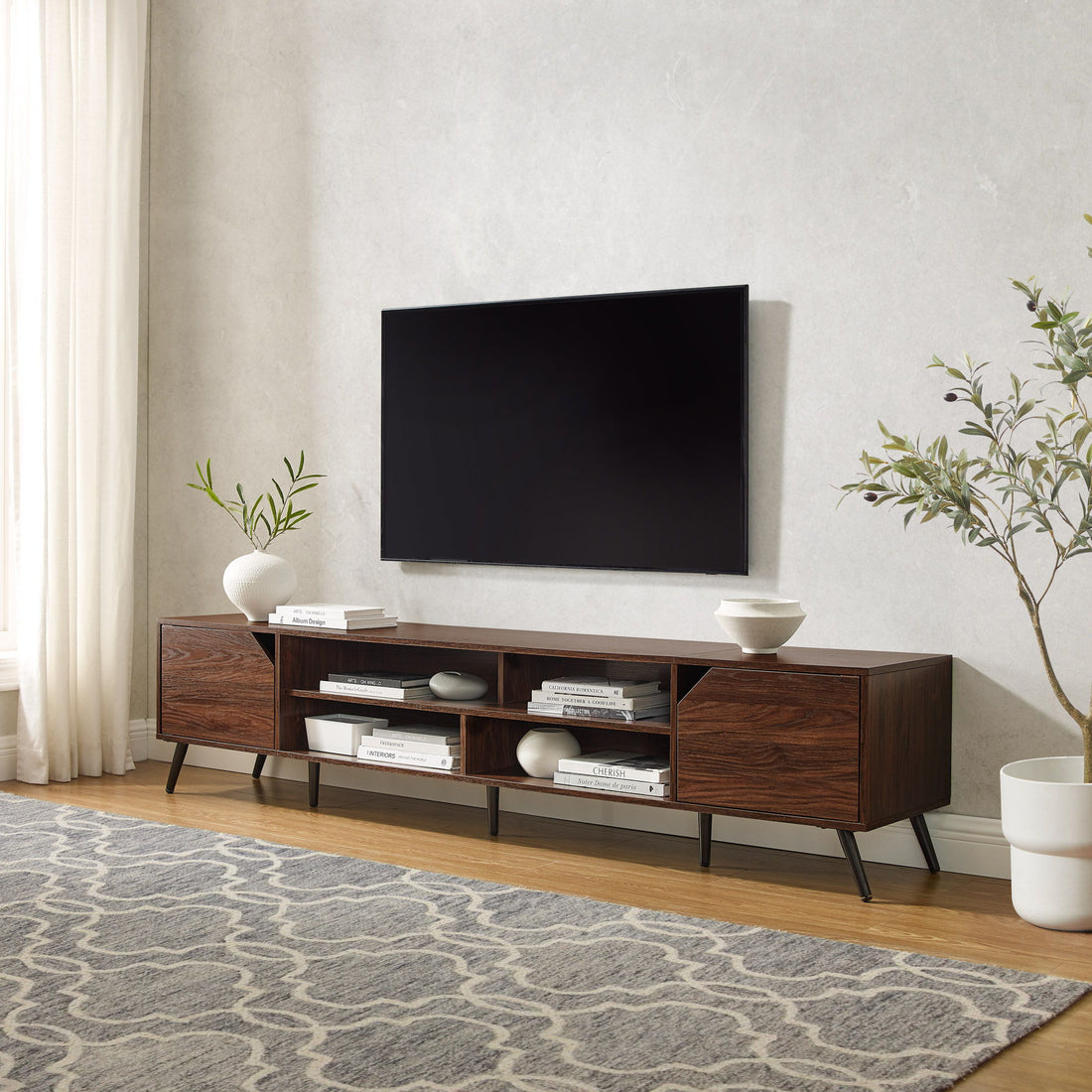 Contemporary 2 Door Minimalist TV Stand For TVs Up To 90&quot; - Dark Walnut