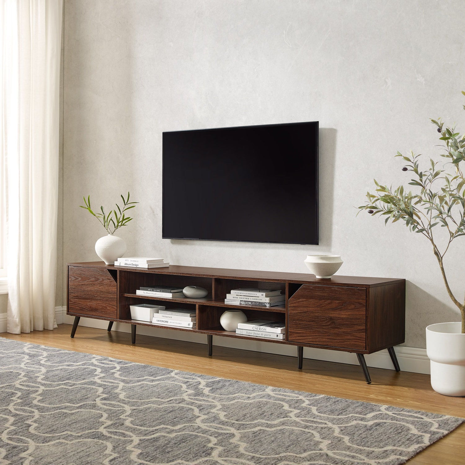 Contemporary 2 Door Minimalist TV Stand For TVs Up To 90&quot; - Dark Walnut
