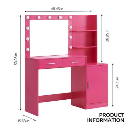 Vanity Desk With Mirror And Lights, 46.4In Dressing Table With 2 Large Drawer &amp; Large Vertical Organizer, 3 Level Dresser &amp; 3 Lighting Modes Adjustable Brightness, Suitable For Bedroom