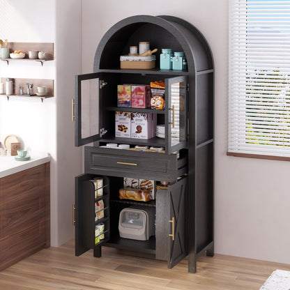 Arched Kitchen Pantry Cabinet With Adjustable Shelves &amp; Barn Door Design