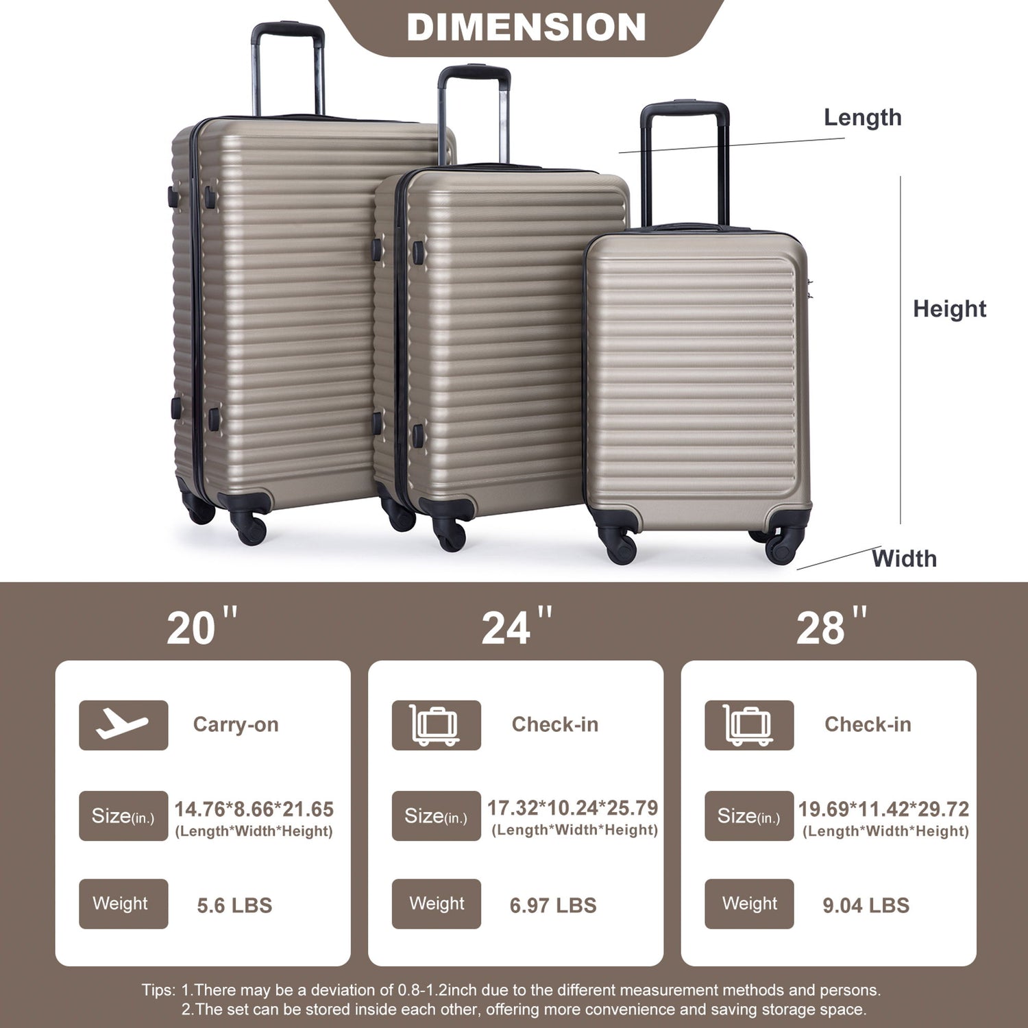3 Piece Luggage Sets Lightweight Suitcase With Two Hooks, Spinner Wheels, Tsa Lock