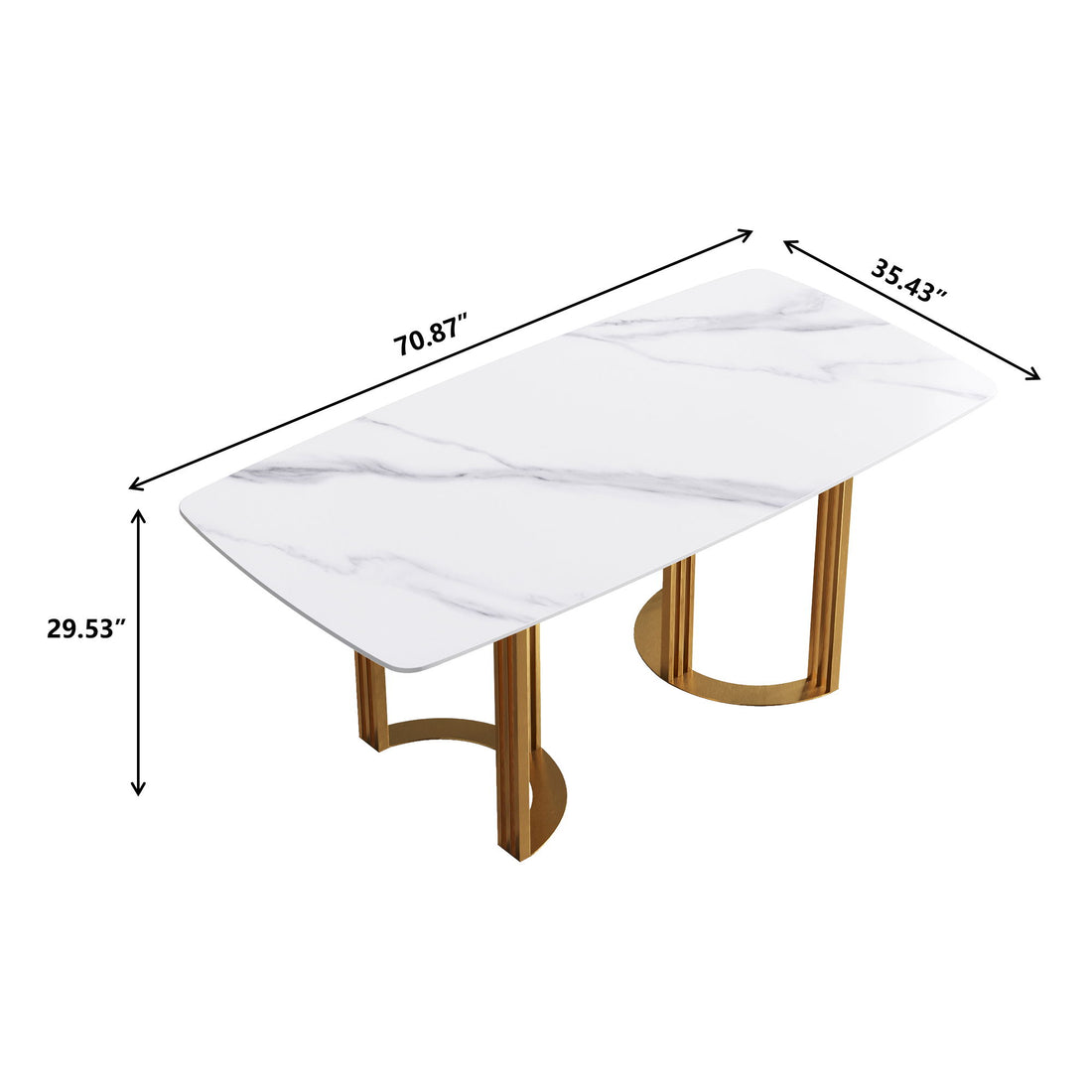 70.87&quot; Modern Artificial Stone White Curved Golden Metal Leg Dining Table, Can Accommodate 6-8 People - White / Gold