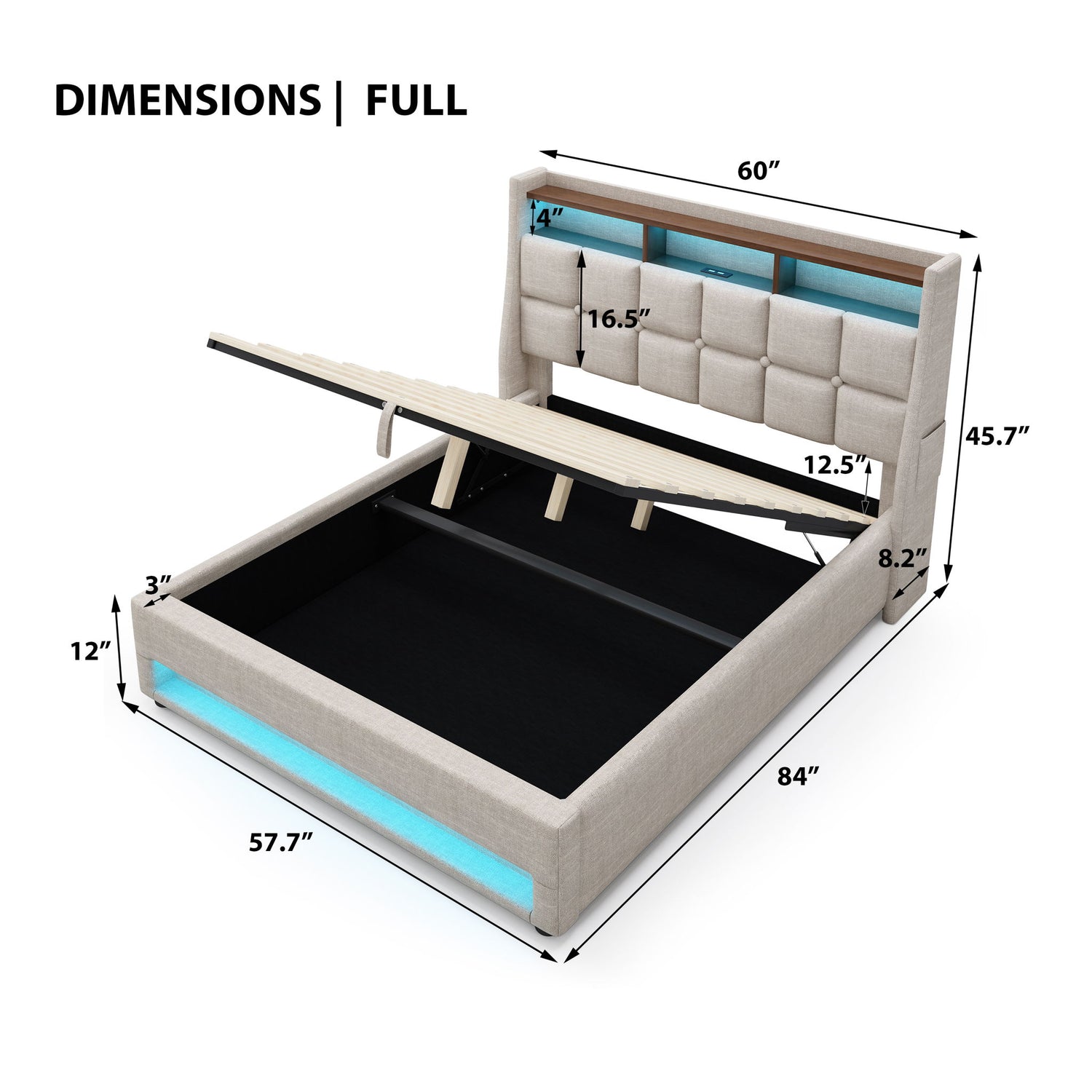 Platform Bed With Hydraulic Storage, LED Lighting &amp; Charging Station