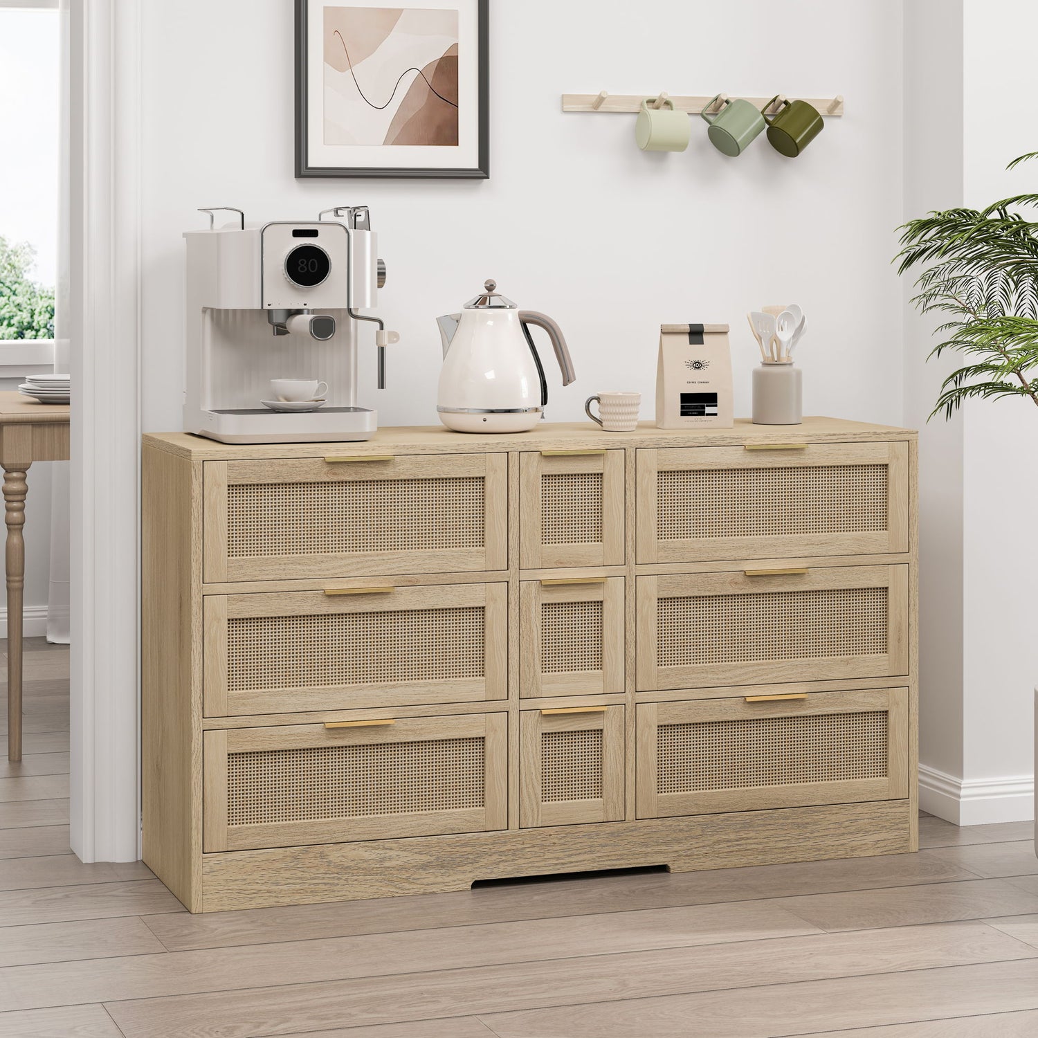Elegant Rattan Locker With 9 Drawers, Metal Handles